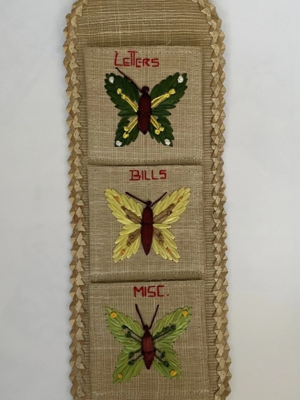 Vintage Wicker Wall Organizer Mail Letter Bill Holder 3 Pocket Butterfly Stitch